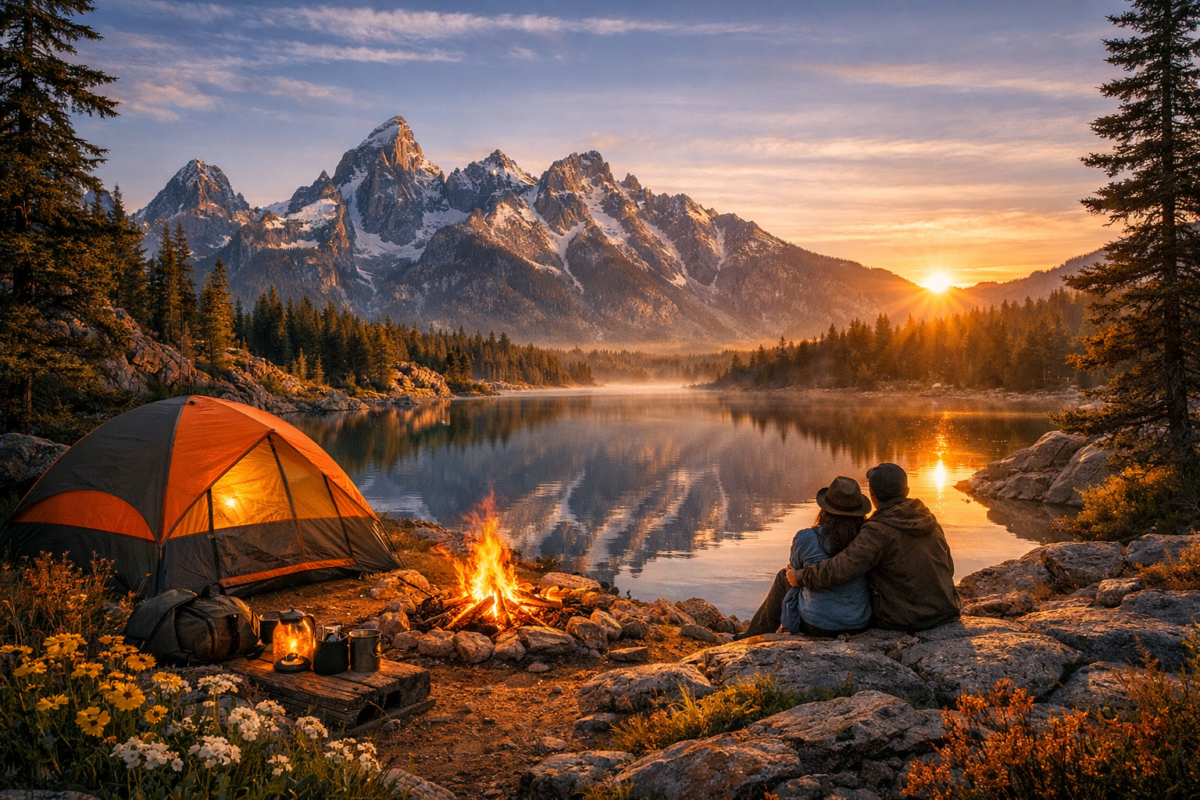 A sunrise campsite beside a calm alpine lake reflecting the snow‑capped Grand Tetons, with a glowing tent and campfire surrounded by wildflowers and pine trees, capturing Wyoming’s serene mountain grandeur.