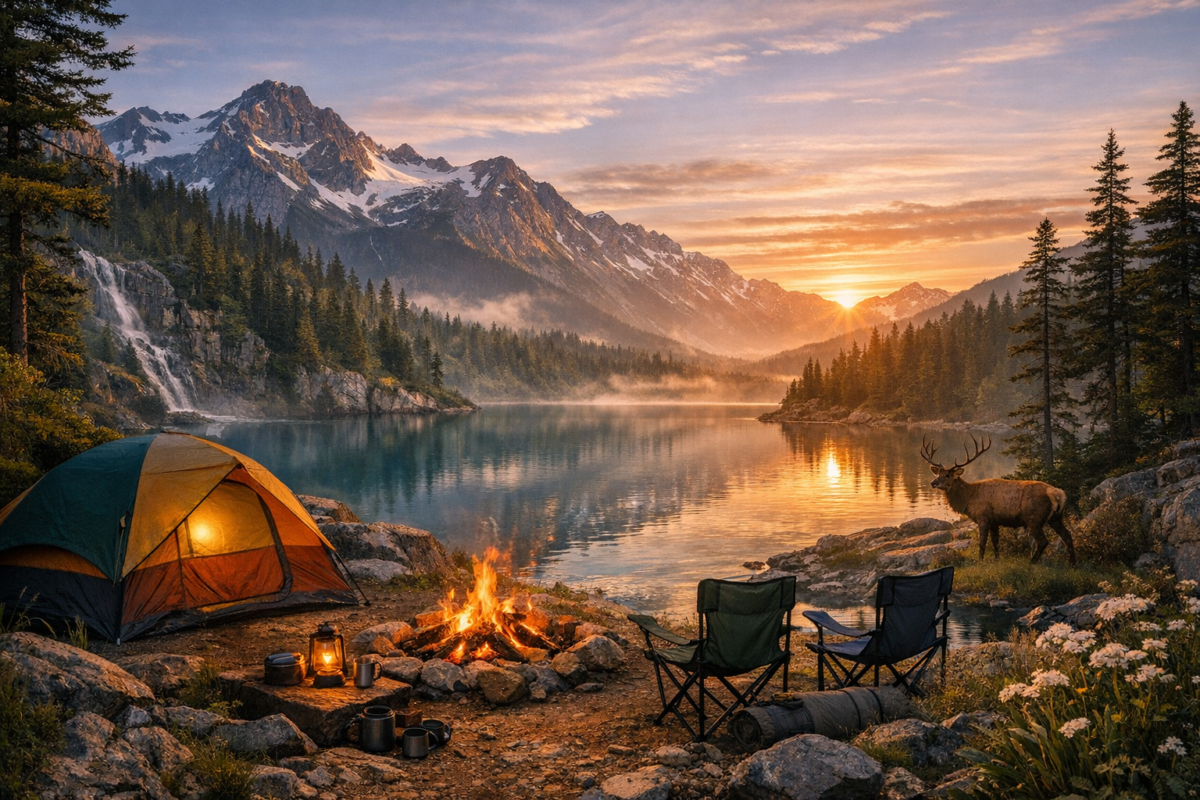 A tranquil lakeside campsite in Olympic National Park surrounded by evergreen forests and snow‑capped peaks, with mist rising over the water and a grazing elk nearby under the soft glow of dawn. national park camping USA.