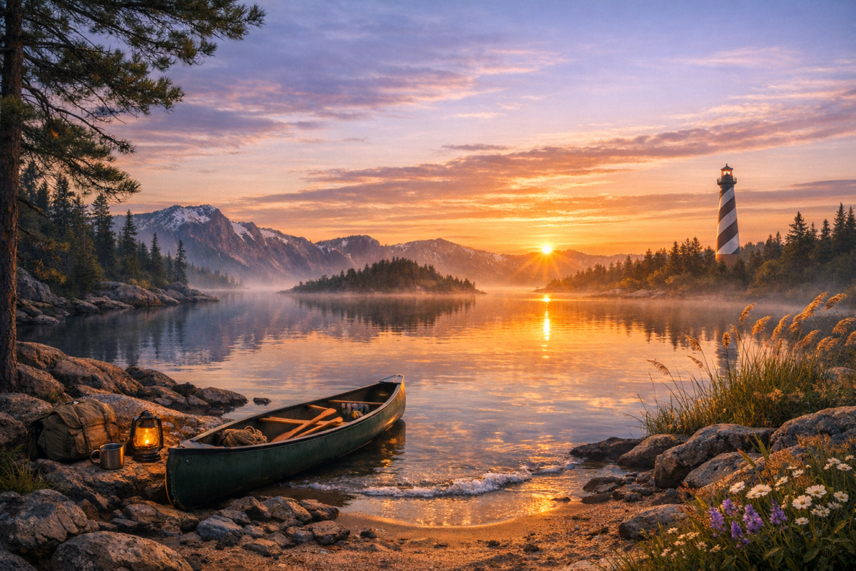 A misty sunrise over a calm lake in Minnesota’s Boundary Waters, with a green canoe resting on the rocky shore beside a lantern and backpack, pine trees framing the scene, and small forested islands reflected in the still water.