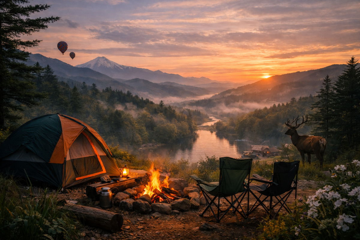 A misty dawn view of the Great Smoky Mountains with a glowing campsite overlooking a fog‑filled valley, a deer standing nearby, and sunrise light illuminating the ridges and river below.
