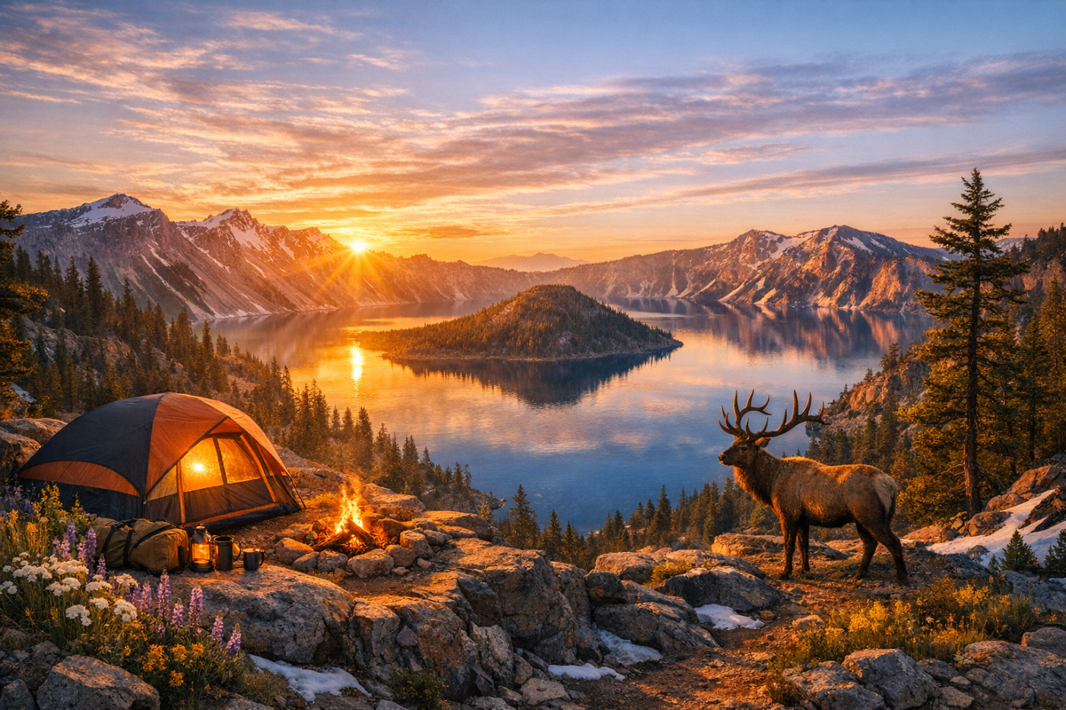 A sunrise over Crater Lake with golden light spilling across the calm blue water, Wizard Island reflected in the lake’s mirror‑like surface, surrounded by snow‑capped cliffs and wildflowers on the rocky rim.
