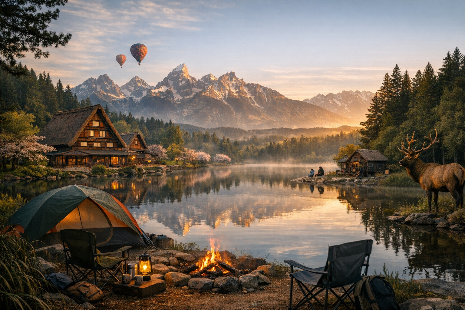 Camping Destinations-A serene lakeside campsite at dawn with a glowing campfire, tent, and mountain reflections under golden light, capturing the peaceful beauty of America’s outdoor adventure destinations.