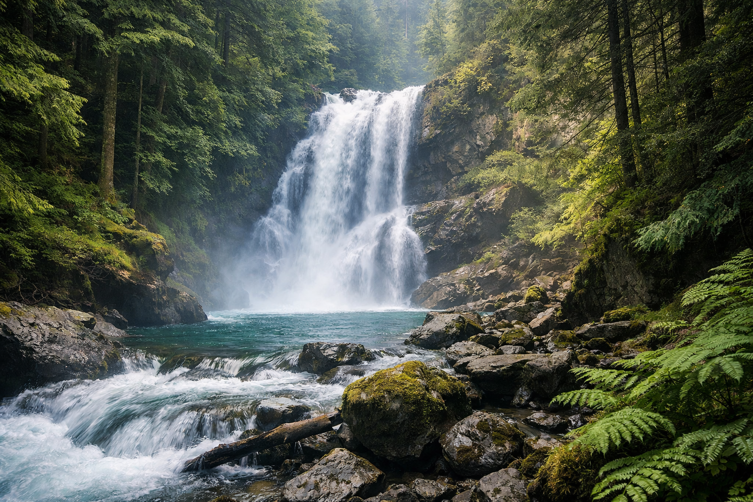 Cascading waterfall near Vancouver plunging through lush evergreen forest into a turquoise pool, framed by mossy rocks and vibrant ferns.