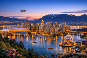  Vancouver skyline with BC Place, Science World, and Canada Place reflected in False Creek, framed by snow‑capped North Shore Mountains under a golden‑blue evening sky.