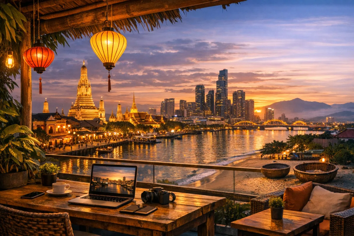 Riverside café view of Hoi An lanterns and Da Nang beach with mountains beyond.