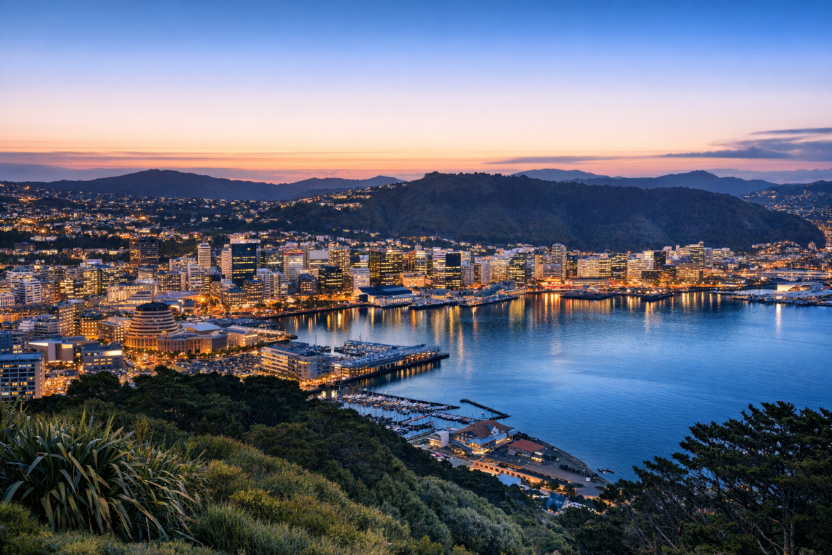 Wellington waterfront skyline with the Beehive, harbor, and surrounding hills illuminated under golden evening light.