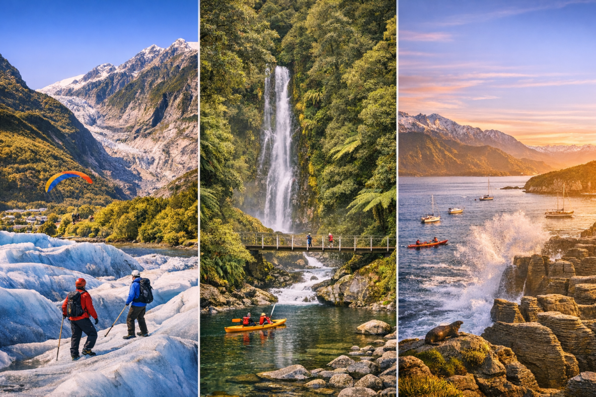  Adventurers trekking across Franz Josef Glacier, rainforest waterfall with suspension bridge, and sunset waves crashing against Punakaiki’s Pancake Rocks along New Zealand’s rugged coast.