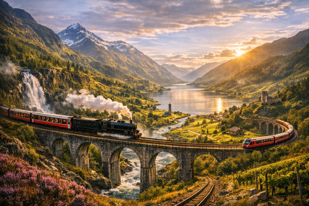  Steam train crossing the Glenfinnan Viaduct above Loch Shiel, surrounded by purple heather, rolling green hills, and golden evening light breaking through clouds over the Scottish Highlands.