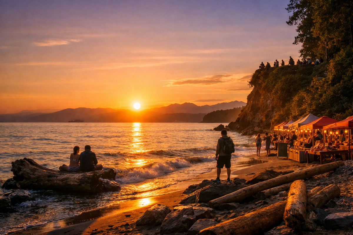  Golden sun setting over the Pacific, waves shimmering against driftwood and sand, silhouettes of beachgoers watching from the cliffs as warm light reflects across the water.