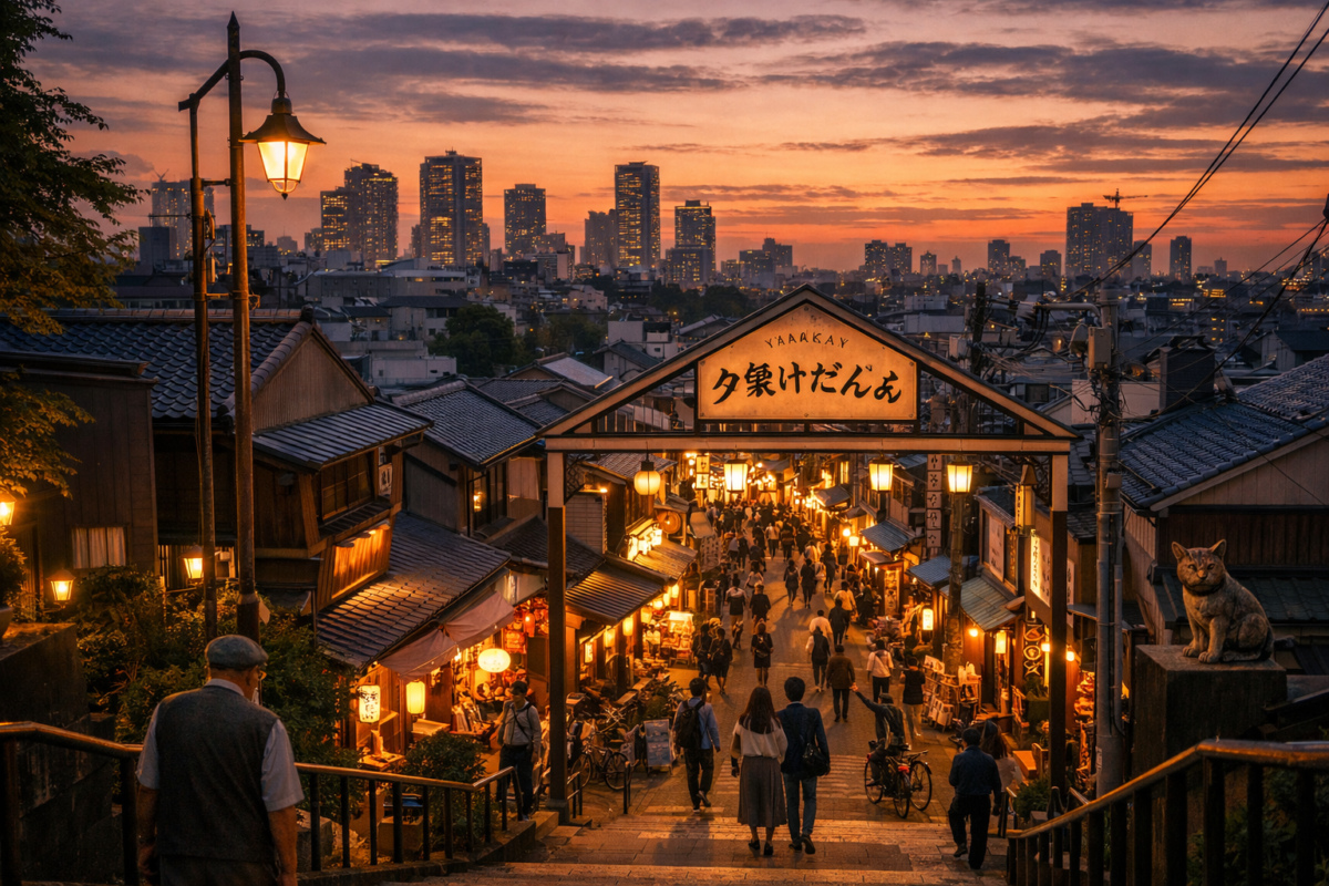 Sunset view of Yanaka Ginza with traditional wooden shops and lanterns glowing along narrow streets