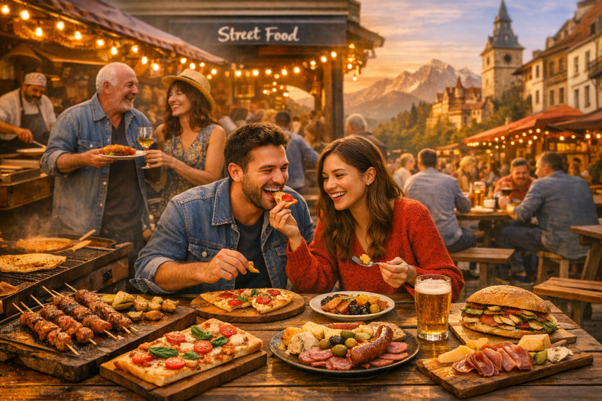 Delicious street food enjoyed at an outdoor market. off-season Europe trave.