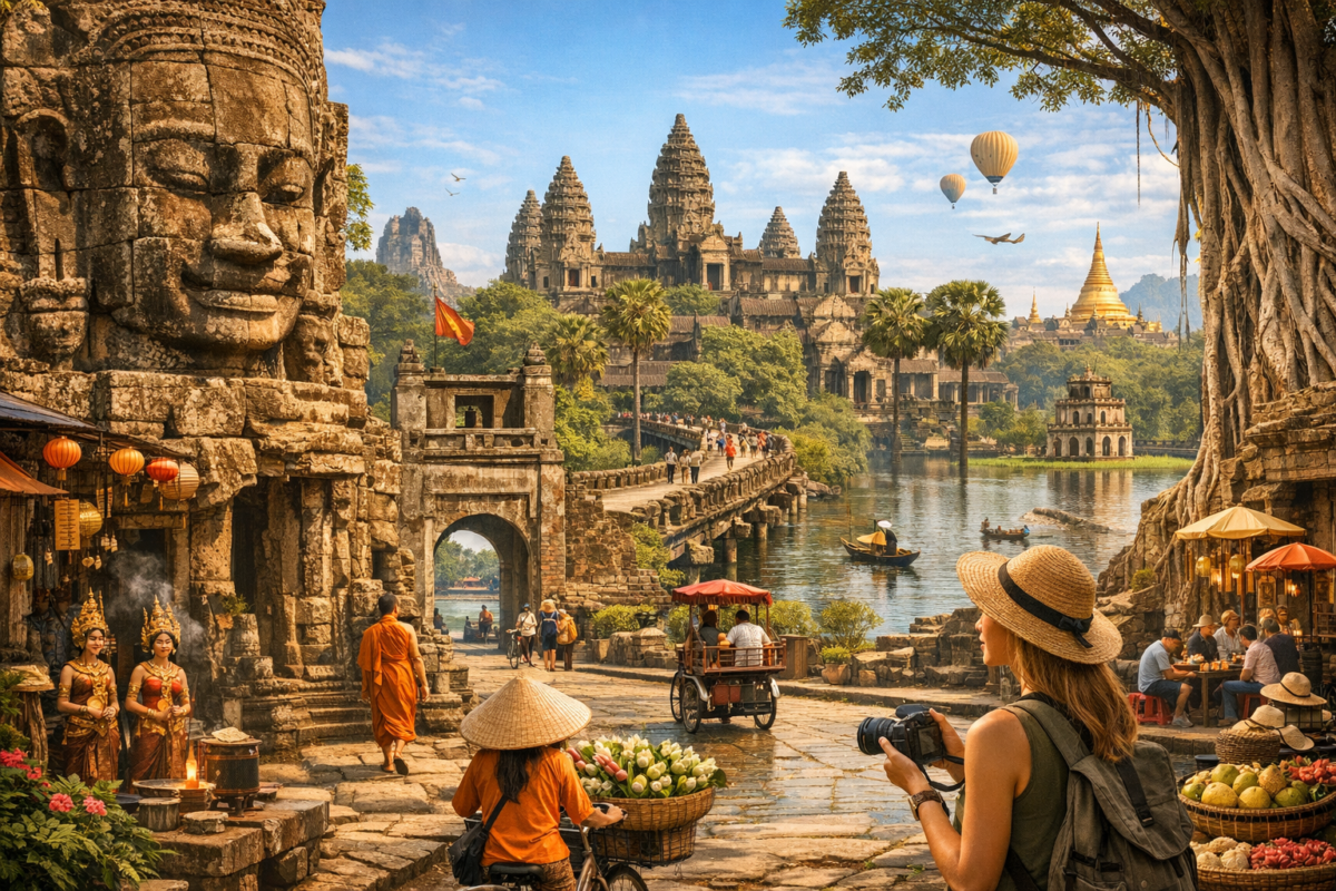 A Buddhist monk walks toward Angkor Wat beside ancient stone faces of Bayon, apsara dancers, and tourists photographing the temple complex, with elephants and water lilies reflecting Cambodia’s serene heritage. Thailand Vietnam Cambodia budget trip. Southeast Asia budget itinerary.