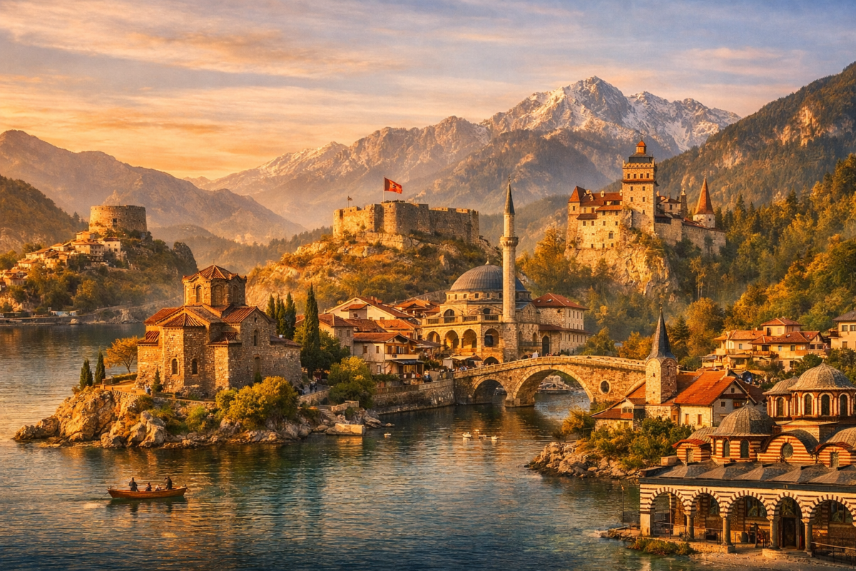 Coastal fortresses and mountain monasteries at sunset. Europe itinerary budget.