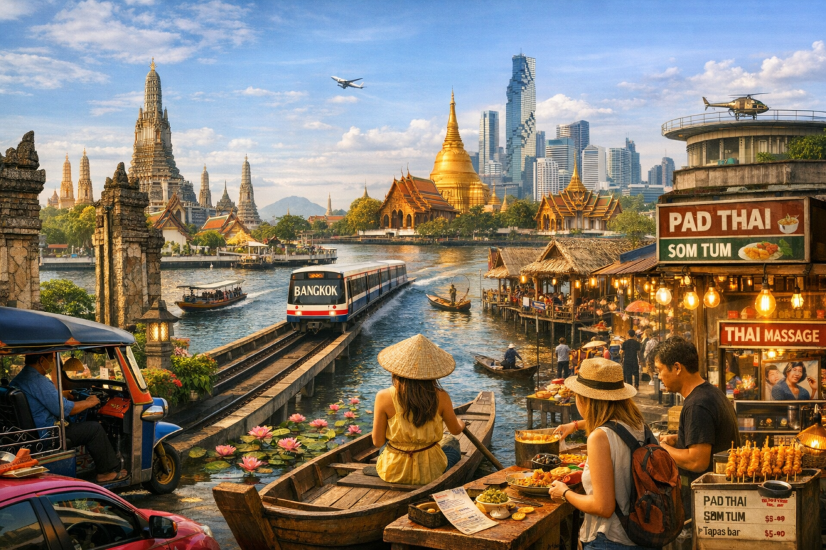 Daytime view of Bangkok with a tuk‑tuk, street‑food stalls, and the Chao Phraya River bustling with boats, framed by Wat Arun, the Grand Palace, and the city’s skyscrapers under a bright blue sky. Southeast Asia budget itinerary. 