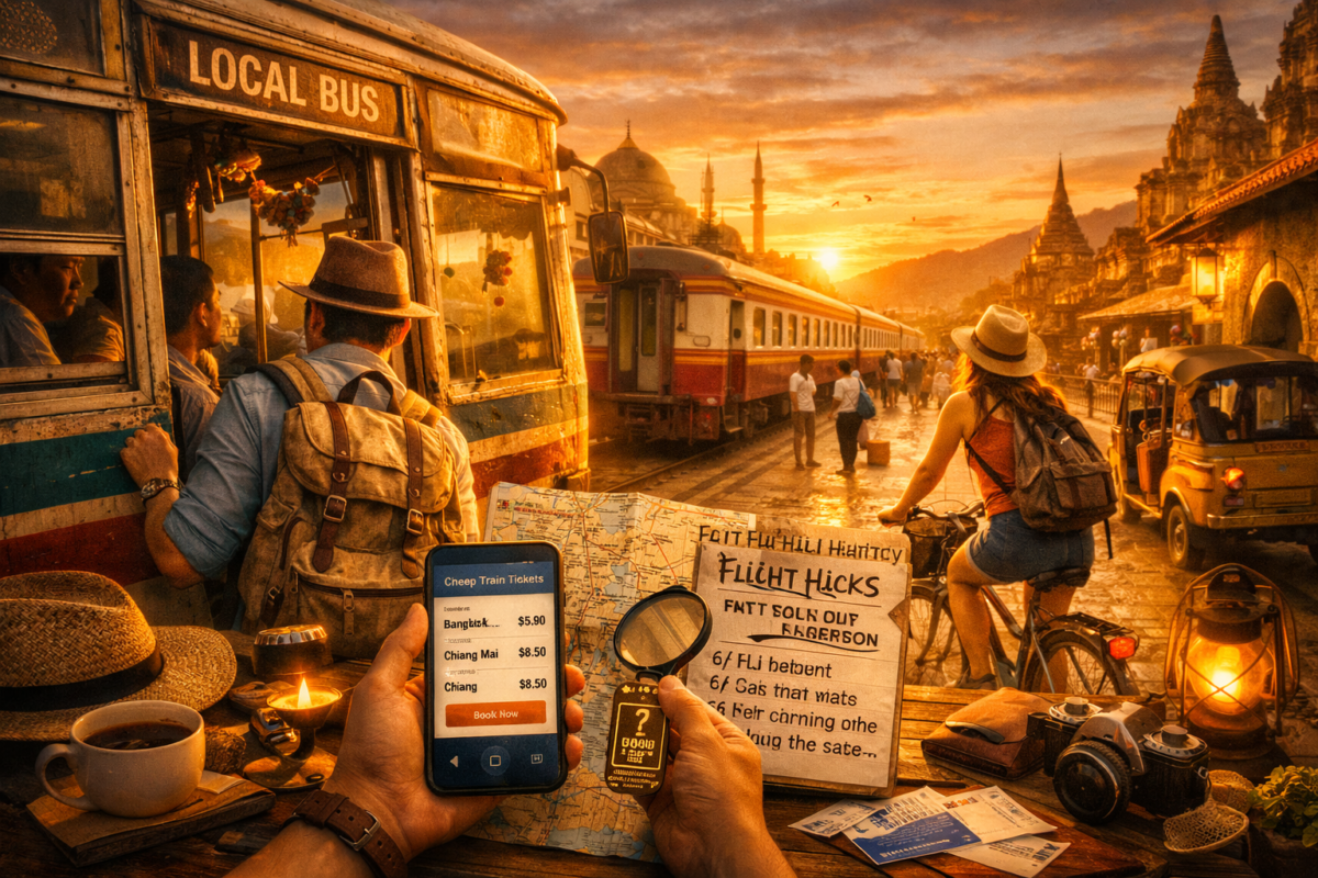 Traveler boarding a colorful local bus while checking cheap train tickets on a phone, with a cyclist and tuk‑tuk in a golden‑hour cityscape blending temples, mosques, and canals. travel hacks for cheap trips.