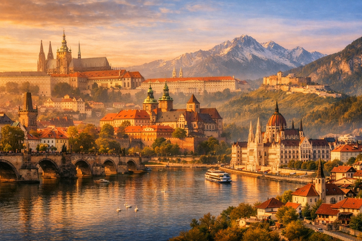 Historic cities glowing under sunset skies. travel Europe on a budget.