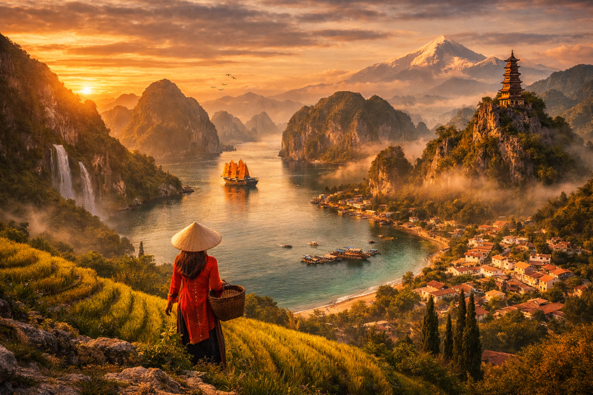 Woman in a red áo dài stands among rice terraces overlooking misty limestone karsts and golden waters of Halong Bay at sunrise. hidden gem countries.