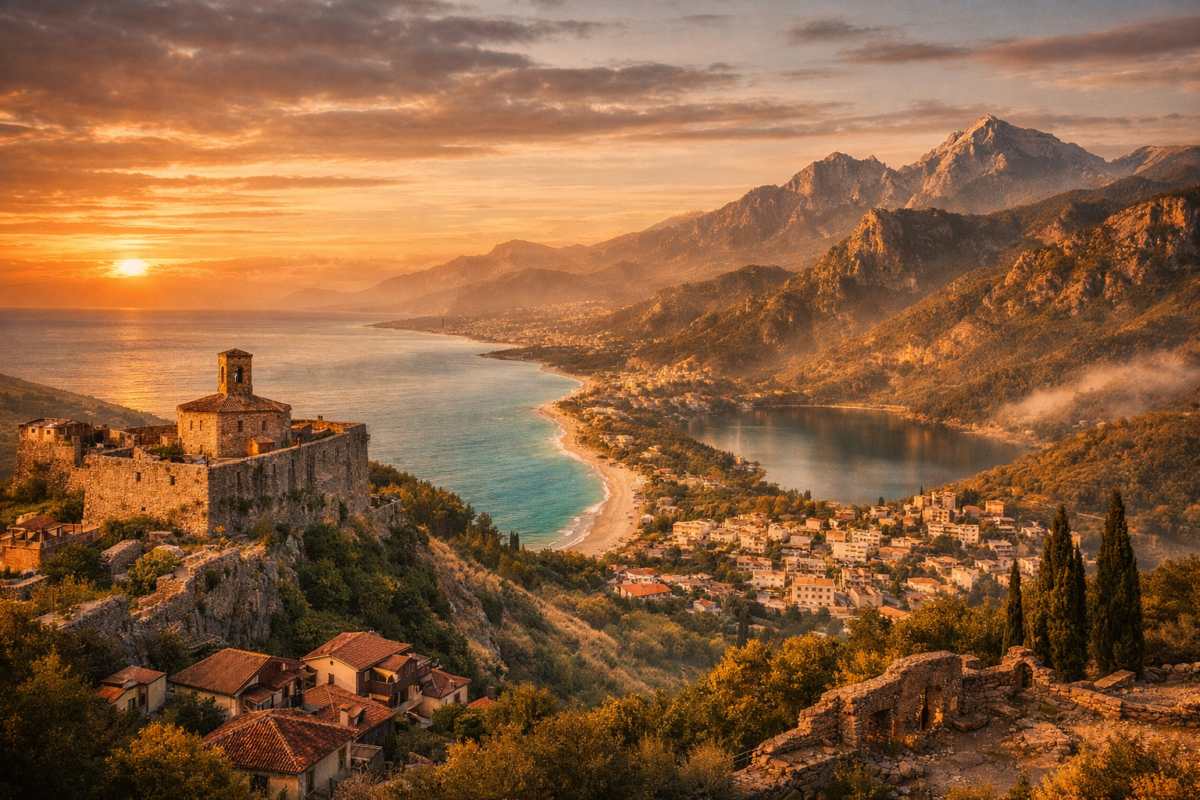 Panoramic view of Albania’s coastline with Gjirokastër Castle overlooking turquoise Ionian waters, mountain lakes, and golden sunset skies. cheap food abroad.
