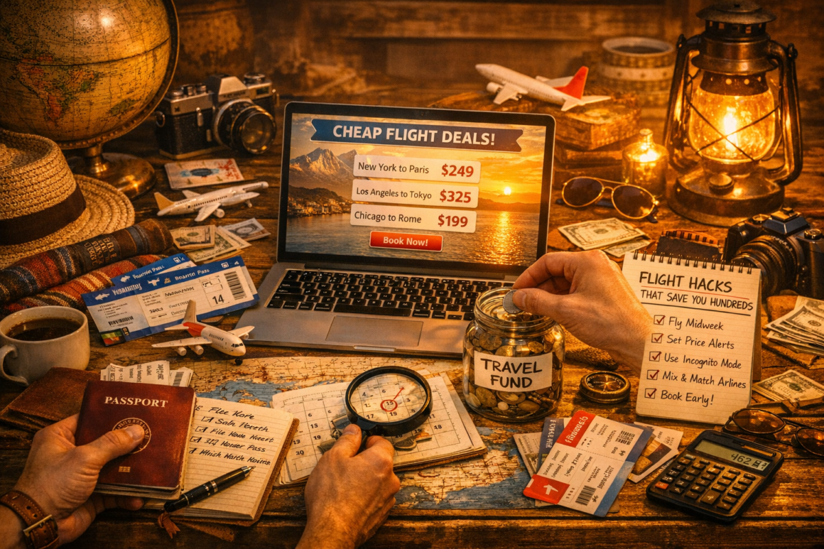 Traveler planning flight deals at a warm‑lit desk with a laptop showing discounted routes, passport and tickets nearby, and a notepad listing hacks like “Fly Midweek” and “Use Incognito.” money-saving travel hacks.