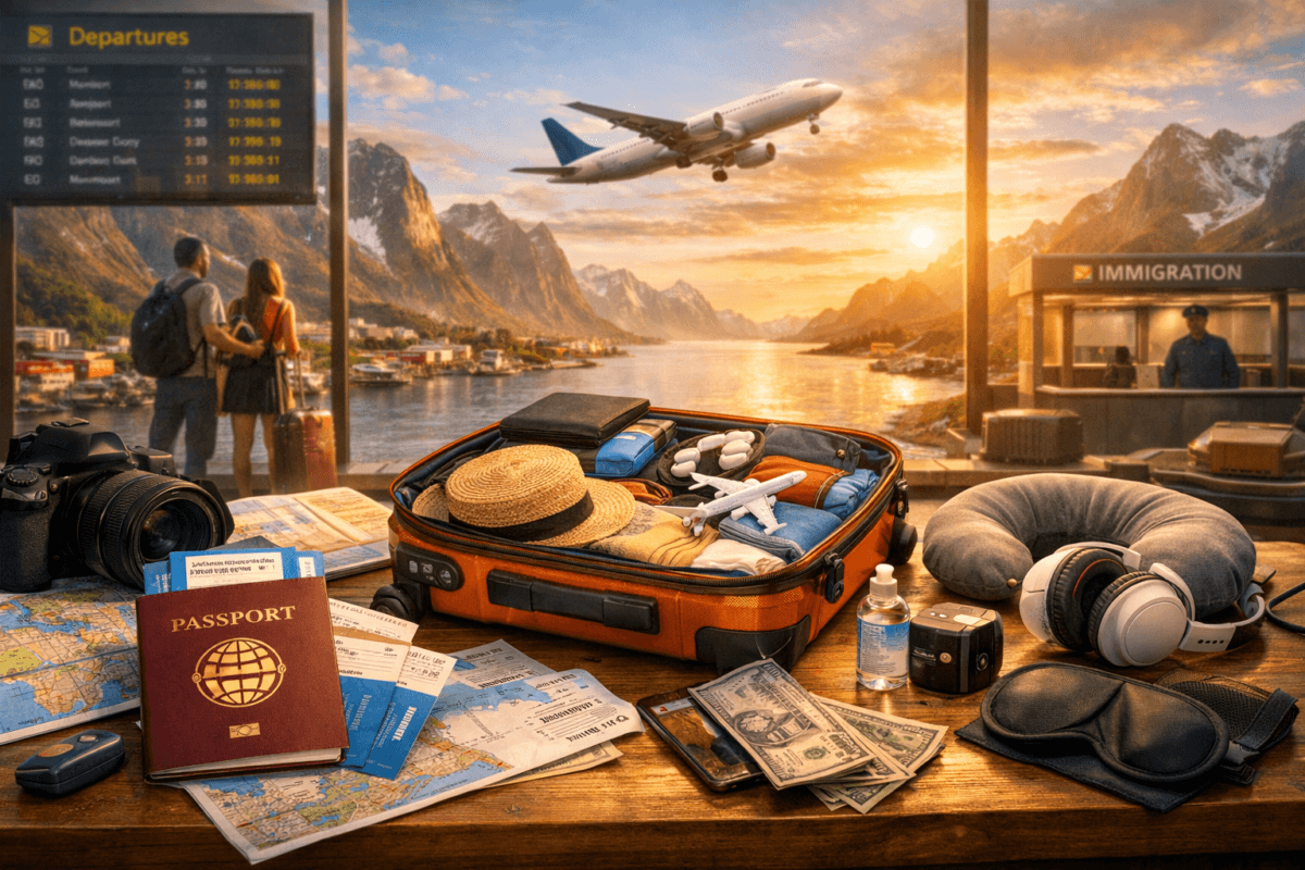first-time international travel essentials laid out on a table with passport, suitcase, and airplane taking off in the background at sunset.