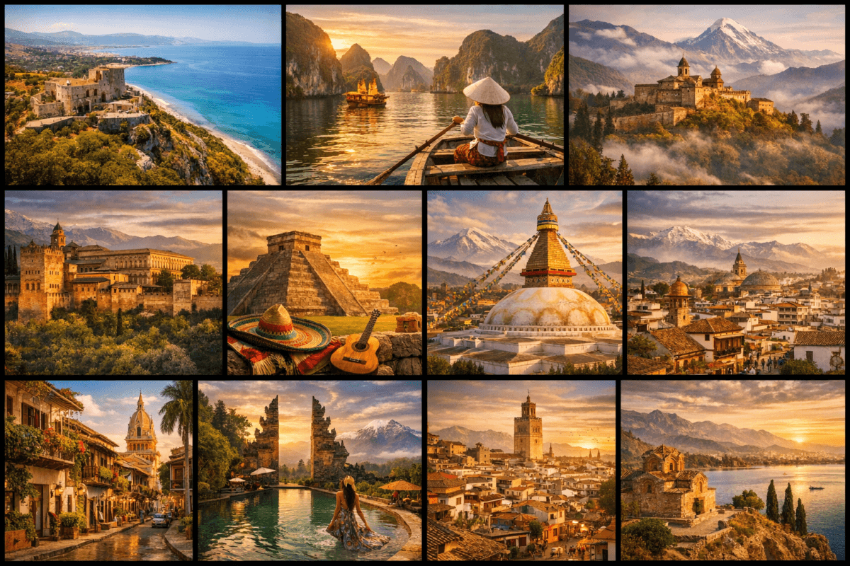 A cinematic collage of Albania, Vietnam, Georgia, Portugal, Mexico, Nepal, Colombia, Indonesia, Morocco, and North Macedonia — blending castles, temples, beaches, and mountain skylines under golden light. cheapest countries to visit