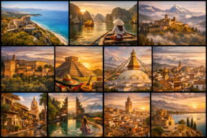 A cinematic collage of Albania, Vietnam, Georgia, Portugal, Mexico, Nepal, Colombia, Indonesia, Morocco, and North Macedonia — blending castles, temples, beaches, and mountain skylines under golden light. cheapest countries to visit