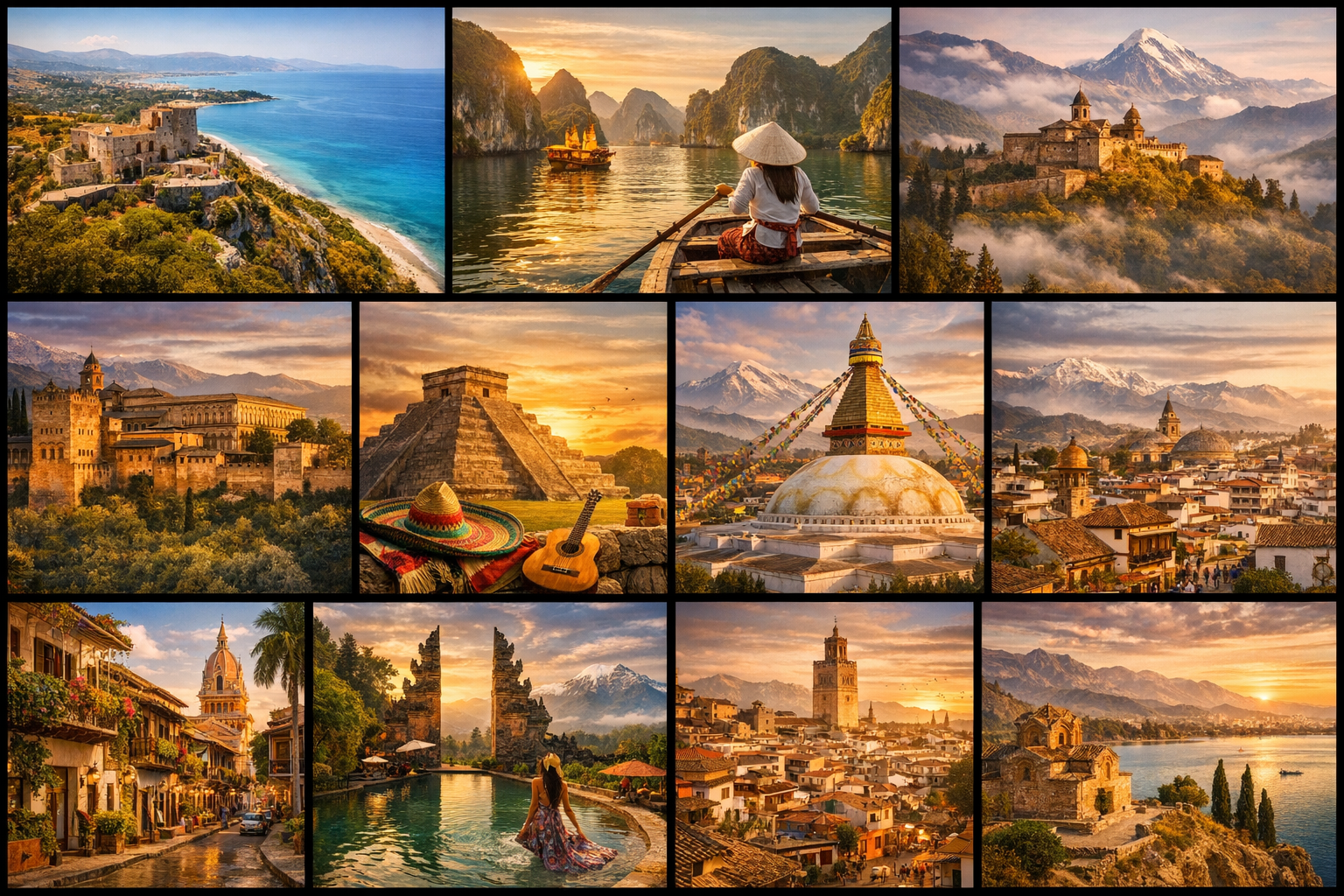 A cinematic collage of Albania, Vietnam, Georgia, Portugal, Mexico, Nepal, Colombia, Indonesia, Morocco, and North Macedonia — blending castles, temples, beaches, and mountain skylines under golden light. cheapest countries to visit