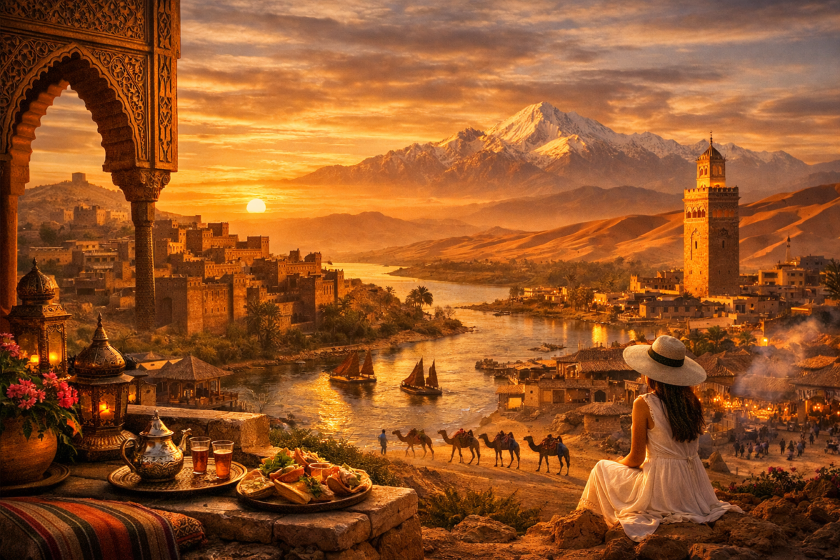 Sunset view of a Moroccan kasbah surrounded by palm trees and desert dunes, with a camel caravan crossing the sands and the Atlas Mountains glowing in the distance.