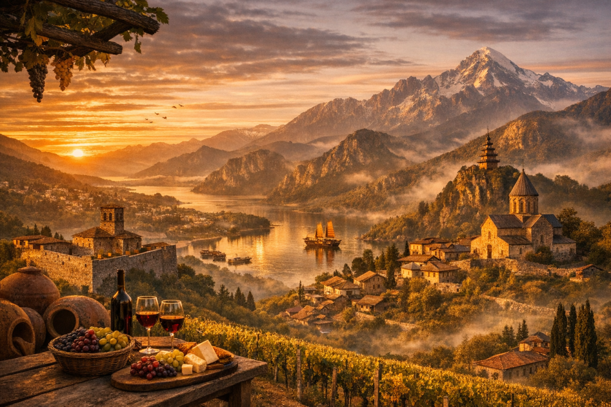 Rustic wine table overlooking medieval stone towers and snow‑capped Caucasus Mountains bathed in sunset light. budget holidays.