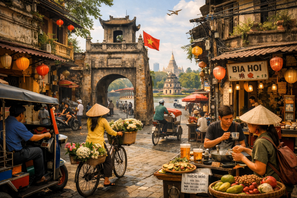 cheap travel Southeast Asia. A Vietnamese woman pedals a flower‑laden bicycle past the Old Quarter Gate, surrounded by lanterns, street vendors, and colonial buildings, with Hoan Kiem Lake and Turtle Tower in the hazy distance.