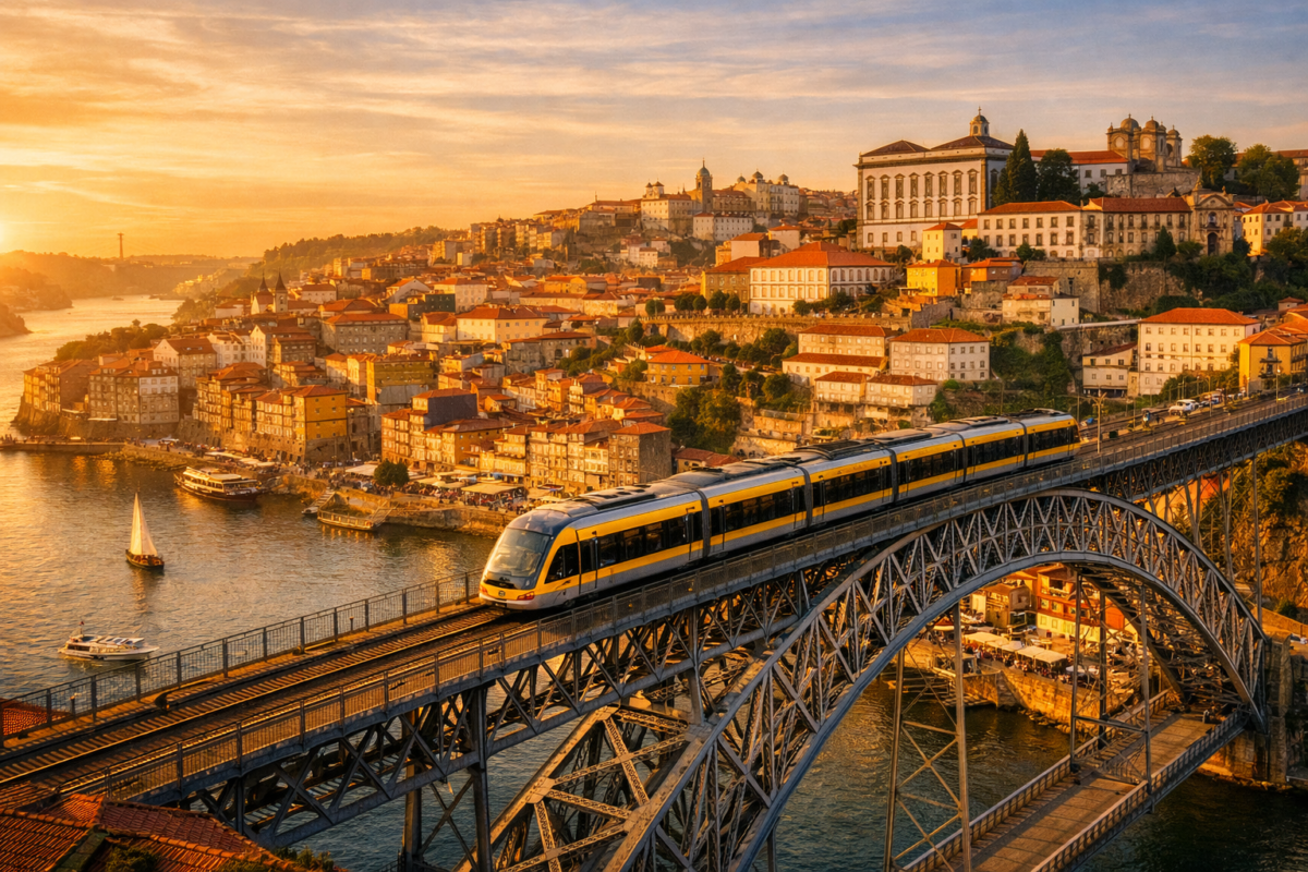 Train crossing Dom Luís I Bridge over Douro River