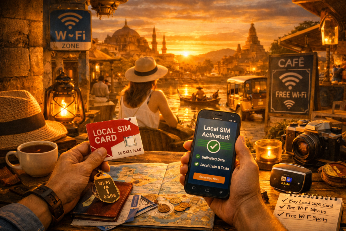 money-saving, Traveler at a sunlit café activating a local SIM card on a smartphone beside coffee, camera, and Wi‑Fi hotspot, overlooking a temple and calm water under golden evening light. travel cheaper flights hotels.