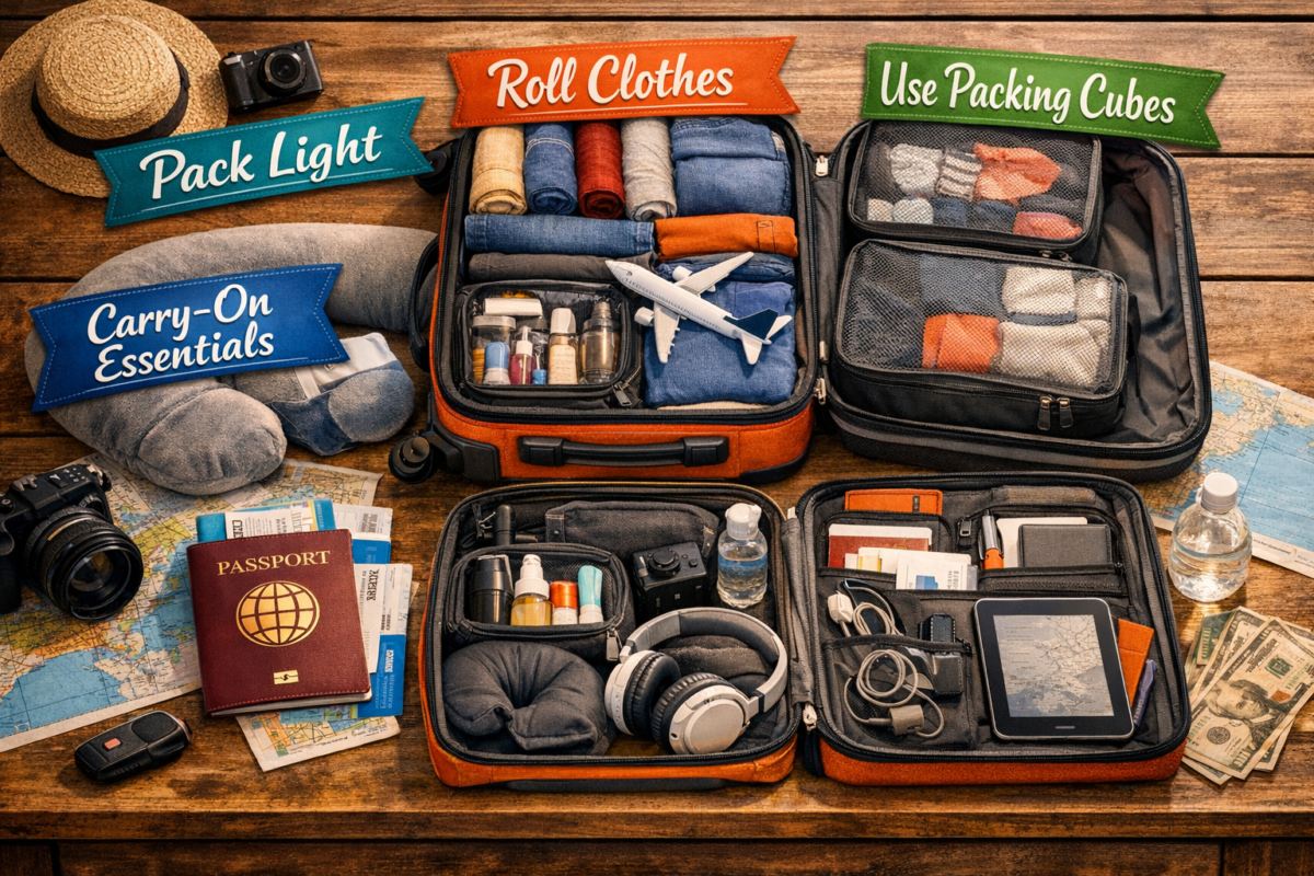 Open suitcase with neatly rolled clothes, travel accessories, and organized essentials on a wooden surface under warm natural light.