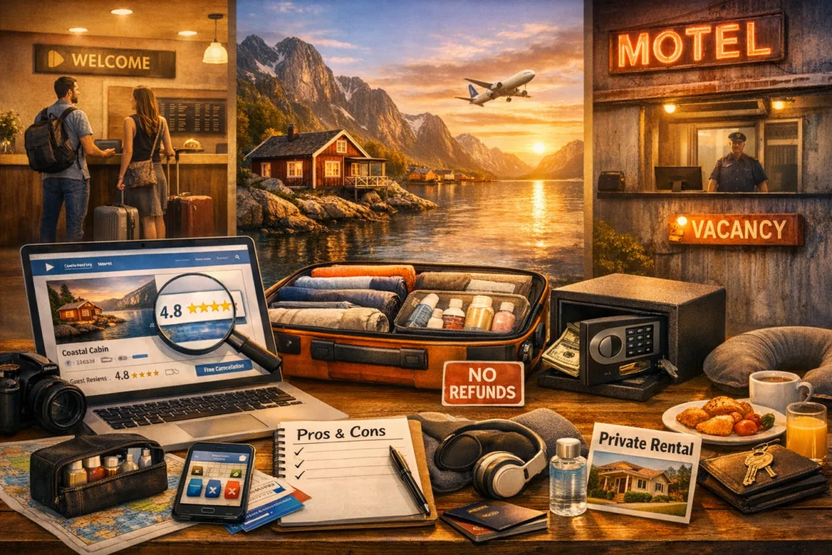 Laptop showing hotel listings beside a cozy lakeside cabin and a rundown motel, symbolizing smart vs risky accommodation decisions. how to prepare for international travel.