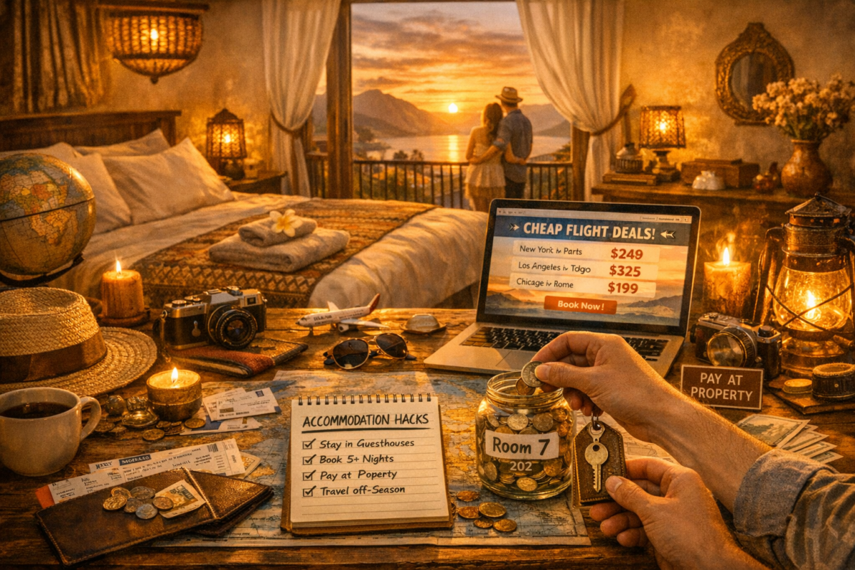 Warmly lit guesthouse room with a notepad listing accommodation hacks, a laptop showing a discounted stay deal, and a traveler’s hand holding a vintage room key beside tea and travel essentials. how to save money traveling.