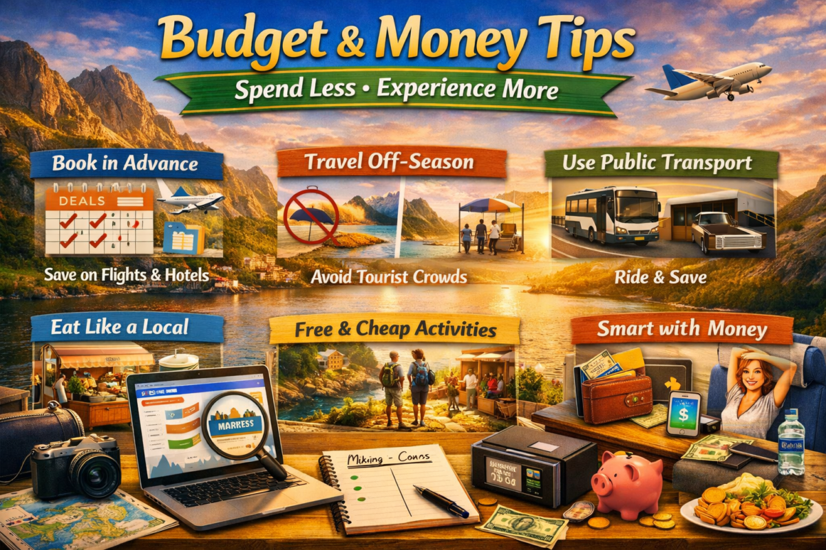 Illustrated travel guide showing budget‑friendly tips like booking early, traveling off‑season, using public transport, and eating local food against a scenic Norwegian‑style backdrop. packing tips for international travel.