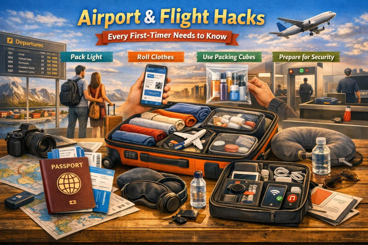 Illustrated airport and in‑flight guide showing travelers checking in, passing security, and relaxing on a plane with essential travel tips. first-time international travel.