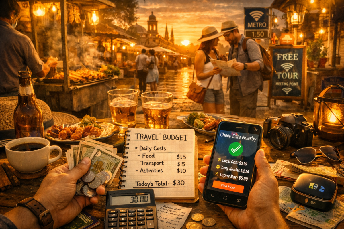 Traveler budgeting at a lively outdoor market with a notebook labeled “Travel Budget,” local currency in hand, and street food, beer, and a smartphone showing cheap eats nearby under warm sunset light. money-saving travel hacks.