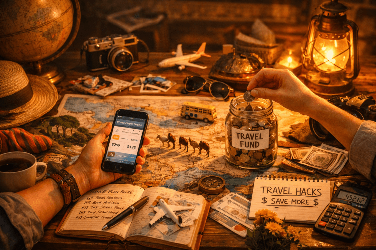 A cozy evening scene with a traveler planning routes, counting coins into a “Travel Fund” jar beside maps, cameras, and a glowing lantern — symbolizing budget‑friendly adventure.