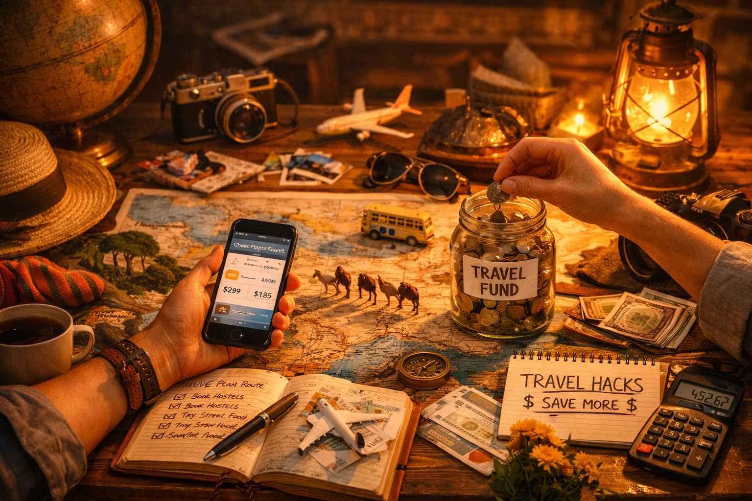 A cozy evening scene with a traveler planning routes, counting coins into a “Travel Fund” jar beside maps, cameras, and a glowing lantern — symbolizing budget‑friendly adventure.