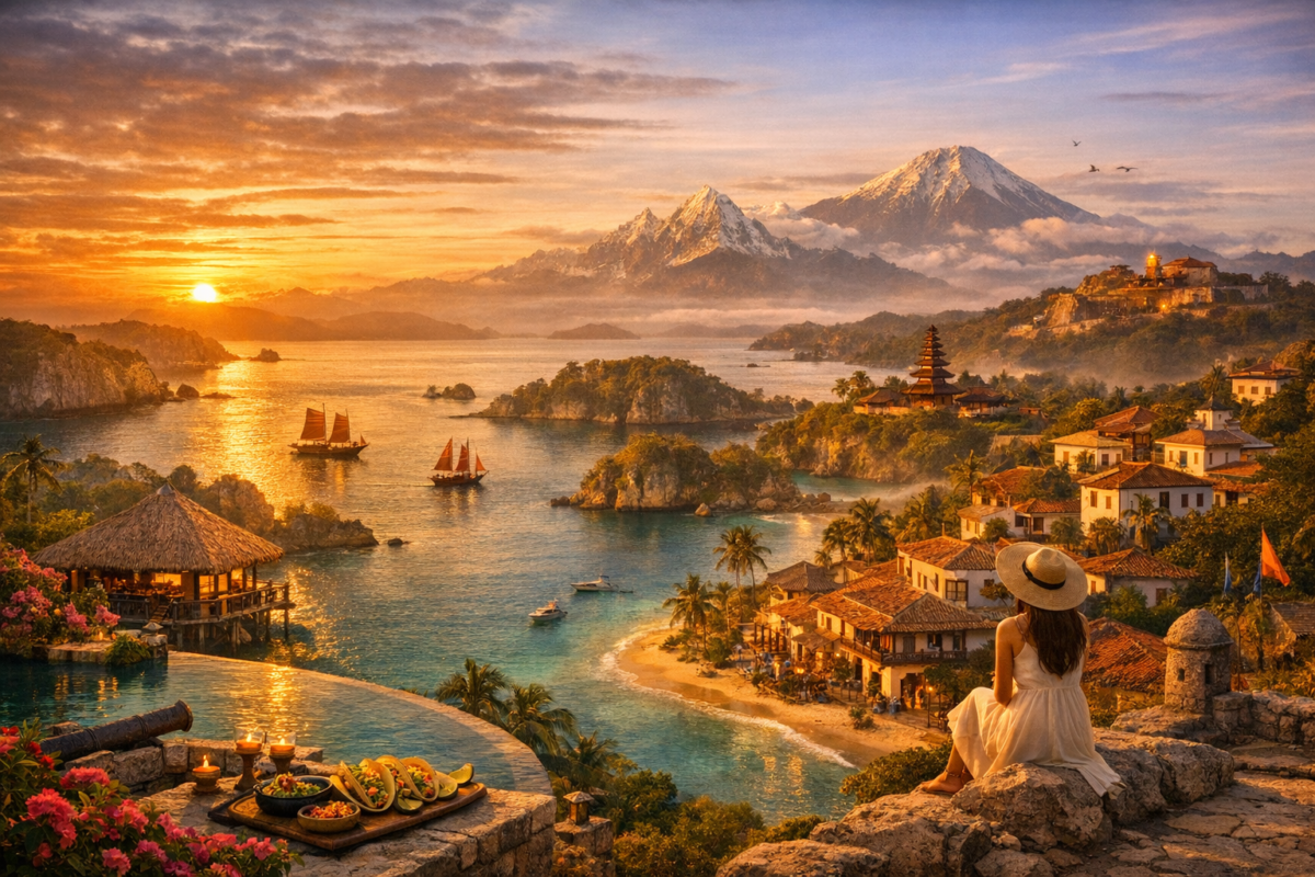 Woman in a white dress gazes over turquoise waters dotted with lush islands, traditional phinisi boats, and a distant volcano glowing under a golden sunrise.