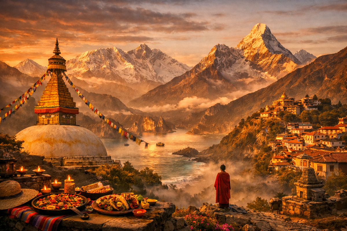 Golden light bathes the Boudhanath Stupa and a misty mountain village beneath snow‑capped peaks of Mount Everest and Ama Dablam, with a monk in red robes gazing toward the horizon.