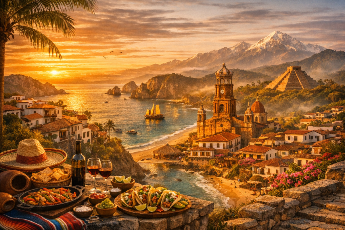 Coastal Mexican town at sunset with a rustic table of tacos, fajitas, and tequila overlooking the ocean, colonial rooftops, and a distant Mayan pyramid glowing in warm light. travel on a shoestring.