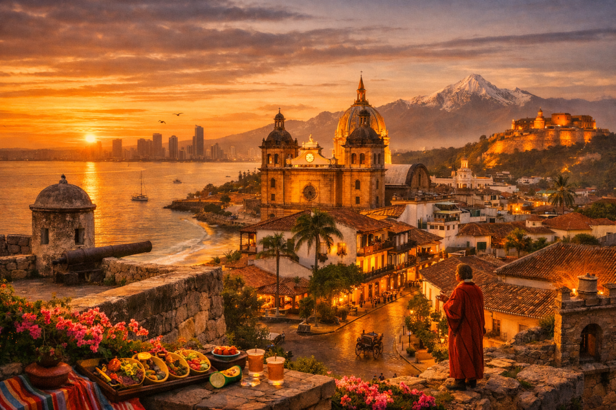 Colonial rooftops and cathedral domes of Cartagena glowing under a golden sunset, with bougainvillea‑covered walls, calm bay waters, and a distant modern skyline.