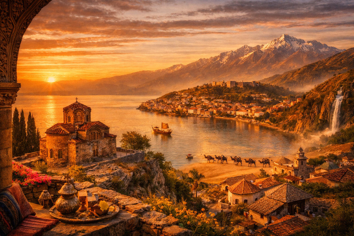The Church of St. John at Kaneo perched on a cliff above Lake Ohrid, glowing under a golden sunset with distant mountains and a serene boat gliding across the water.