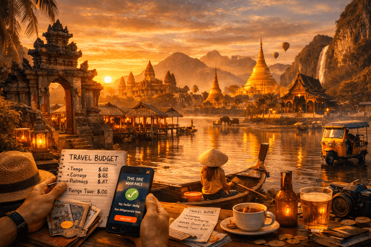 Woman in a long‑tail boat gliding through lotus‑filled waters toward temples and pagodas glowing under a golden sunset, with elephants, fishermen, and hot‑air balloons completing the tranquil scene. Southeast Asia budget itinerary.