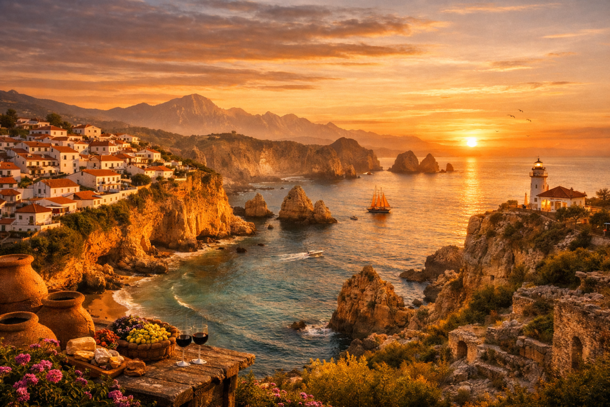 Cliffside village with white‑washed houses and terracotta rooftops overlooking turquoise Atlantic waters, golden limestone arches, and a lighthouse glowing at sunset.