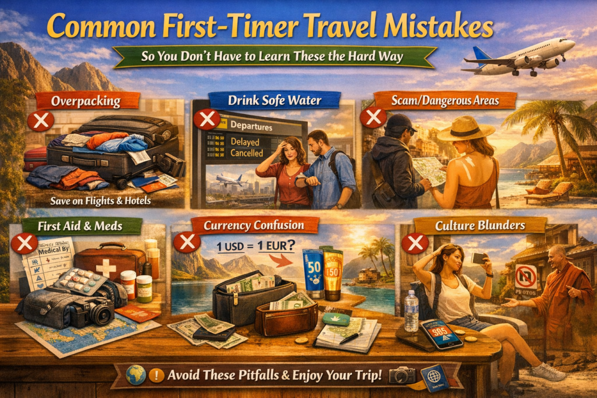Illustrated travel guide showing common first‑timer errors like overpacking, missed flights, scams, no insurance, currency confusion, and cultural blunders across airport and destination scenes. what to know before flying internationally.