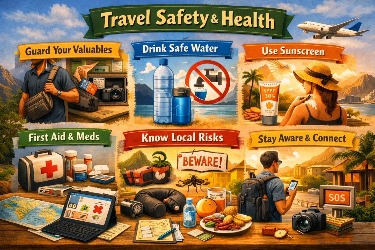 Illustrated travel guide showing safety and health tips like guarding valuables, drinking safe water, using sunscreen, and staying connected, set against a tropical and cityscape backdrop. international travel tips for beginners.