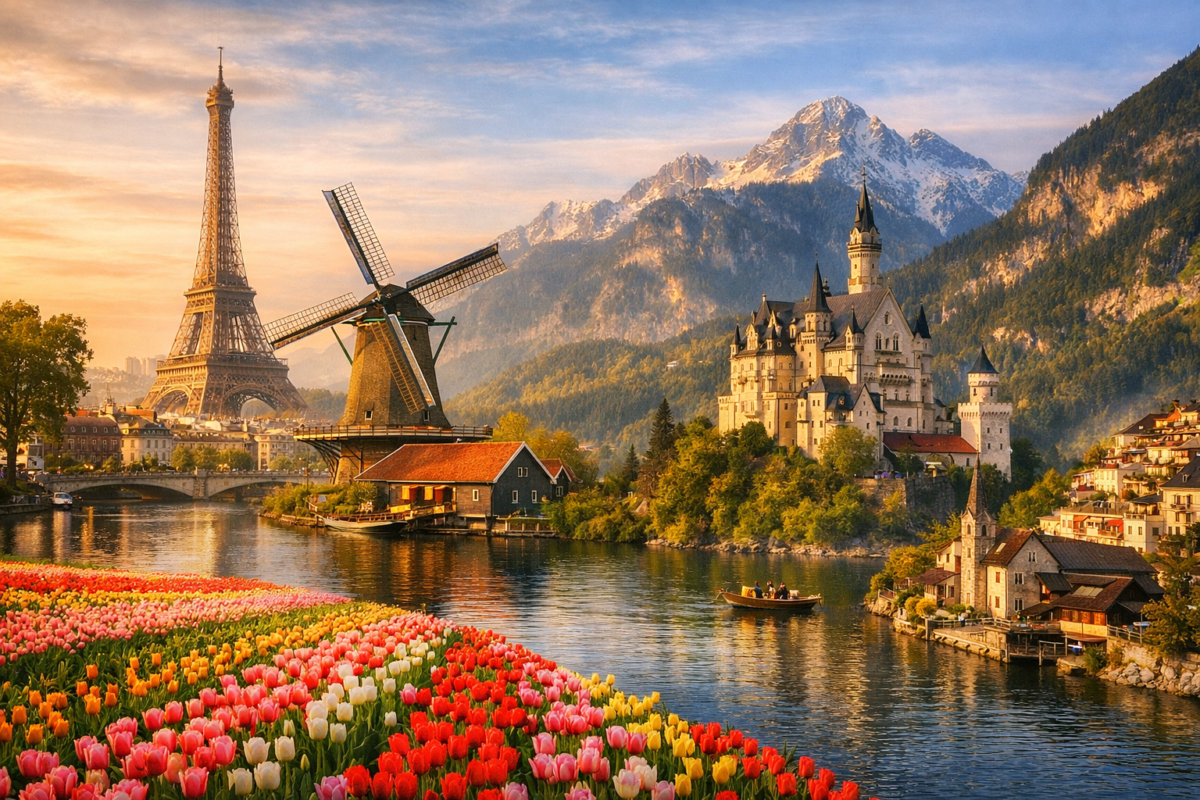 Iconic landmarks glowing under golden sunset